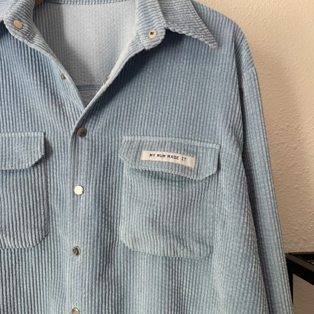MY MUM MADE IT dusty blue corduroy snap button up oversized shirt jacket shacket